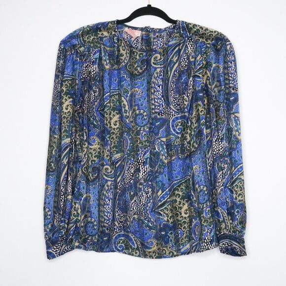 Tess Womens Blouse Size 12 Blue Paisley Sheer Striped Boho Peasant Office Career - Picture 1 of 8